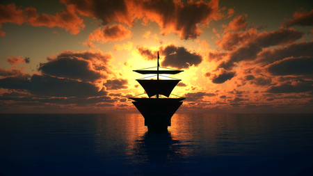 old ship in sea sunsetの写真素材