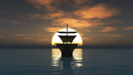 old ship in sea sunsetの写真素材