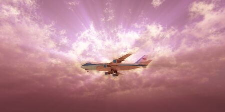 airplane in sunset sky, 3d rendering
