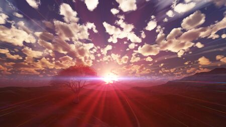sunset at meadow and lonely tree, 3d render illustration