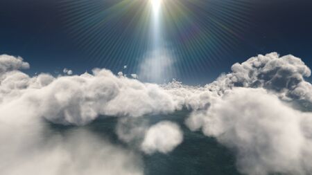 fly above big clouds, sun ray, 3d illustration renderの写真素材
