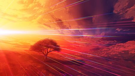 sunset at meadow and lonely tree, 3d render illustration
