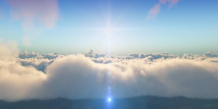 Beautiful aerial view above clouds with sunset. 3d illustration
