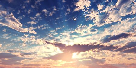 Sunset / sunrise with clouds, light rays and other atmospheric effect, 3d illustration