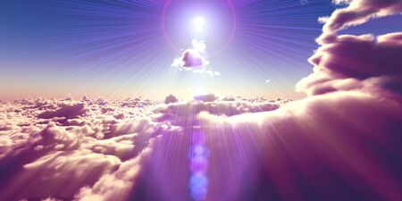 fly above clouds sunset landscape, 3d render illustrationの写真素材