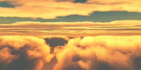 Beautiful aerial view above clouds with sunset. 3d illustrationの写真素材
