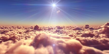 fly above clouds sunset landscape, 3d render illustrationの写真素材