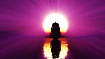 old ship at sea sunset, 3d render illustrationの写真素材