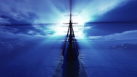 old ship in the night full moon 3d render illustration