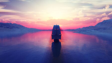 old ship at sea sunset, 3d render illustrationの写真素材