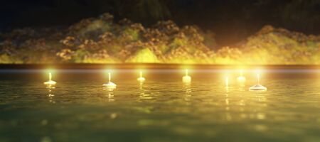 Abstract night background with candles in the water, 3d rendering illustrationの写真素材
