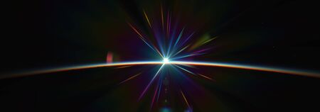 Earth sunrise from space over cloudy ocean. 3d rendering illustrationの写真素材