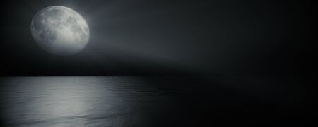 full moon in the sky background reflection in the sea ocean water. 3D render illustrationの写真素材