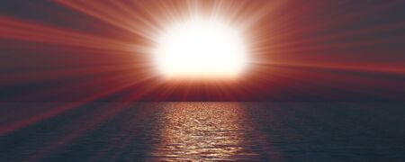 sunset sea sun ray clear sky, 3d rendering illustration
