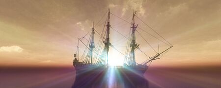 old ship sunset at sea 3d rendering illustration