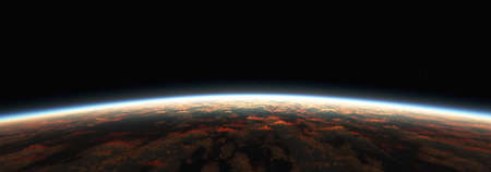 Earth sunrise from space over cloudy ocean. 3d rendering illustrationの写真素材