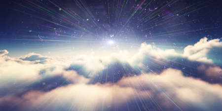 above clouds sunrise sun ray illustration, 3d renderingの写真素材