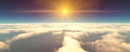 fly above clouds sunset landscape. 3d render illustration