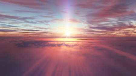 fly above clouds sunset landscape, 3d render illustrationの写真素材