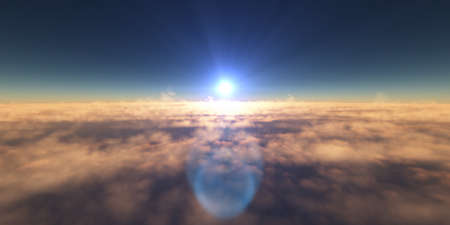 fly above clouds sunset landscape, 3d render illustrationの写真素材
