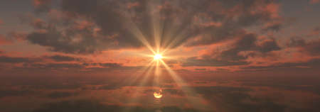 sunset calmly sea sun ray 3d render illustrationの写真素材