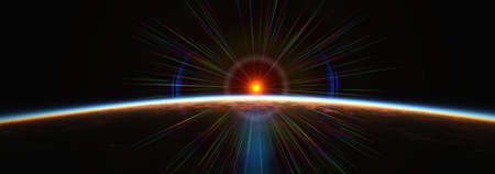 Earth sunrise from space over cloudy ocean. 3d rendering illustration