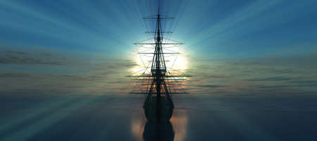 old ship sunset at sea 3d rendering illustrationの写真素材