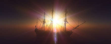 old ship sunset at sea 3d rendering illustrationの写真素材