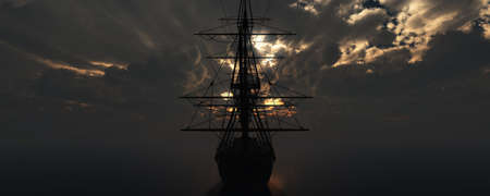 old ship sunset at sea 3d rendering illustrationの写真素材
