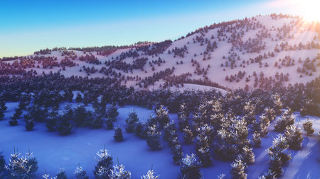 above winter forest mountain sunset 3D rendering illustrationの写真素材