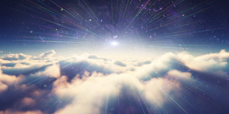 above clouds sunrise sun ray illustration, 3d renderingの写真素材