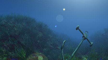 anchor under water sun ray illustration 3d renderingの写真素材