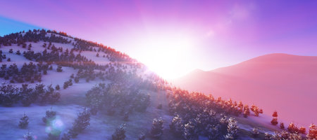 above winter forest mountain sunset 3D rendering illustration