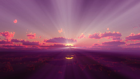 sunset calmly sea sun ray 3d render illustrationの写真素材