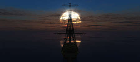 old ship sunset at sea 3d rendering illustration