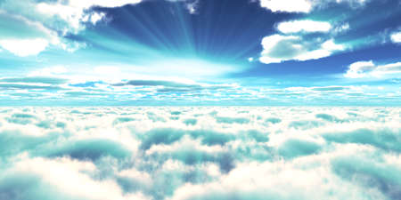 above clouds fly sunset sun ray illustration, 3d renderの写真素材