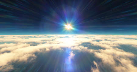 fly above clouds sunset landscape. 3d render illustrationの写真素材