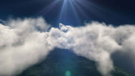 fly above big clouds, sun ray, 3d illustration renderの写真素材