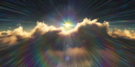 above clouds sunrise sun ray illustration, 3d renderingの写真素材
