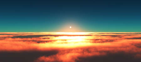 above clouds fly sunset sun ray illustration, 3d renderの写真素材