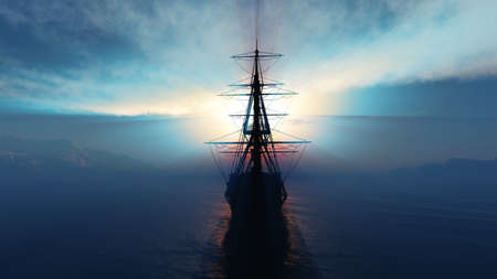 old ship sunset at sea illustration 3d renderingの写真素材