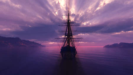 old ship sunset at sea illustration 3d renderingの写真素材