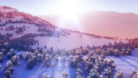 above winter forest mountain sunset 3D rendering illustrationの写真素材