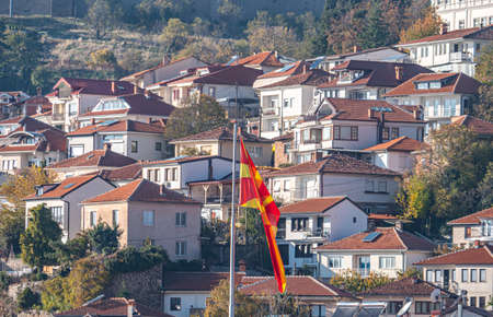 macedonia flag in Ohrid city. old townの写真素材