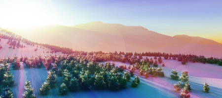 above winter forest mountain sunset 3D rendering illustrationの写真素材