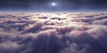 dream fly above clouds ray light, 3d rendering illustration