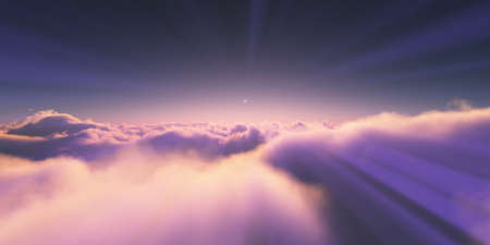 above clouds sunrise sun ray illustration, 3d renderingの写真素材