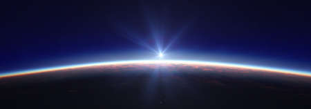 Earth sunrise from space over cloudy ocean. 3d rendering illustrationの写真素材