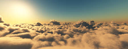 above clouds fly sunset sun ray illustration, 3d renderの写真素材