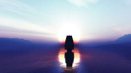 old ship at sea sunset, 3d render illustrationの写真素材